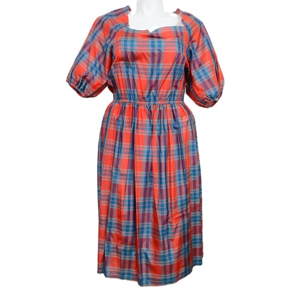 Vintage 70s Saks Fifth Avenue 100% Silk Size 12 Plaid Midi Dress Holiday NWT - Picture 1 of 14